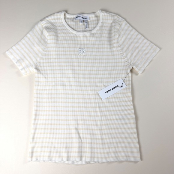 DKNY Jeans Tops - DKNY Jeans Womens LP White Tan Striped Ribbed Knit Short Sleeve Top NWT